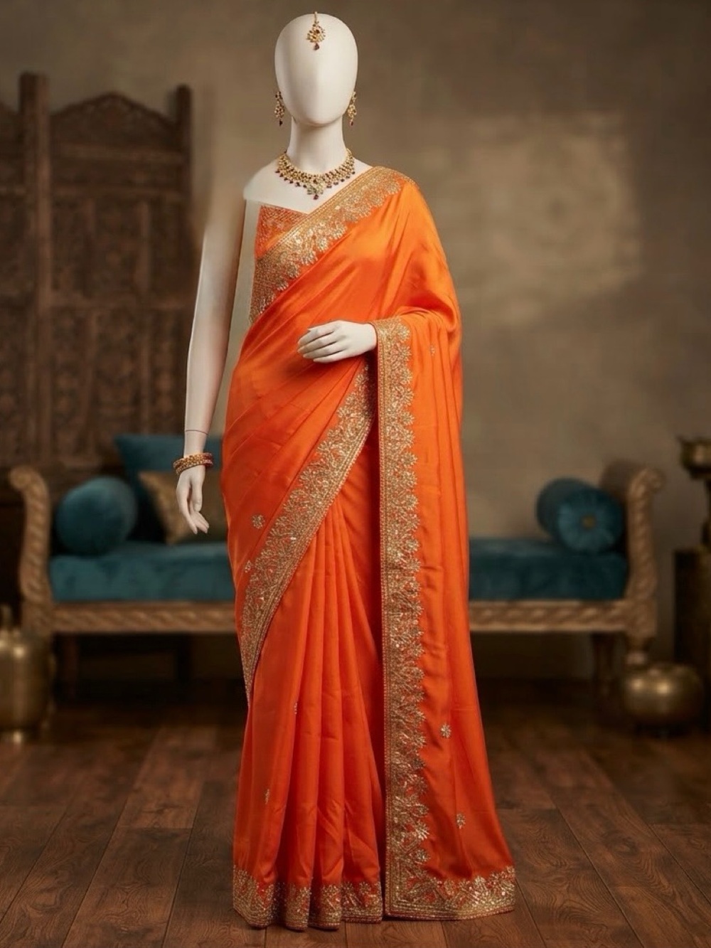 Like New Orange  Gold Embroidered Indian Saree Floral Border Wedding